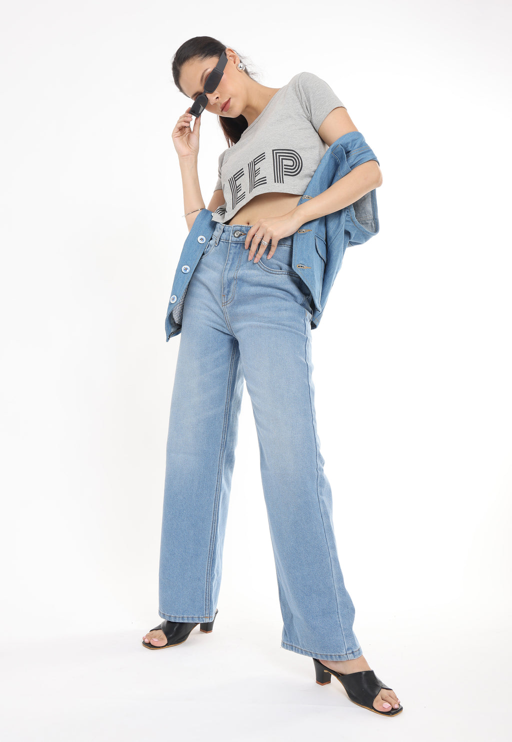 High Rise Wide Leg Jeans for Women in Ice Blue
