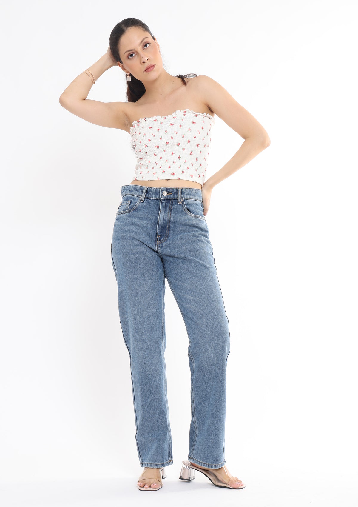 High Rise Straight Jeans for Women in Medium Blue