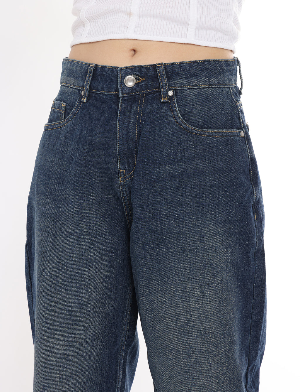 High Rise Barrel Jeans for Women in Dark Blue