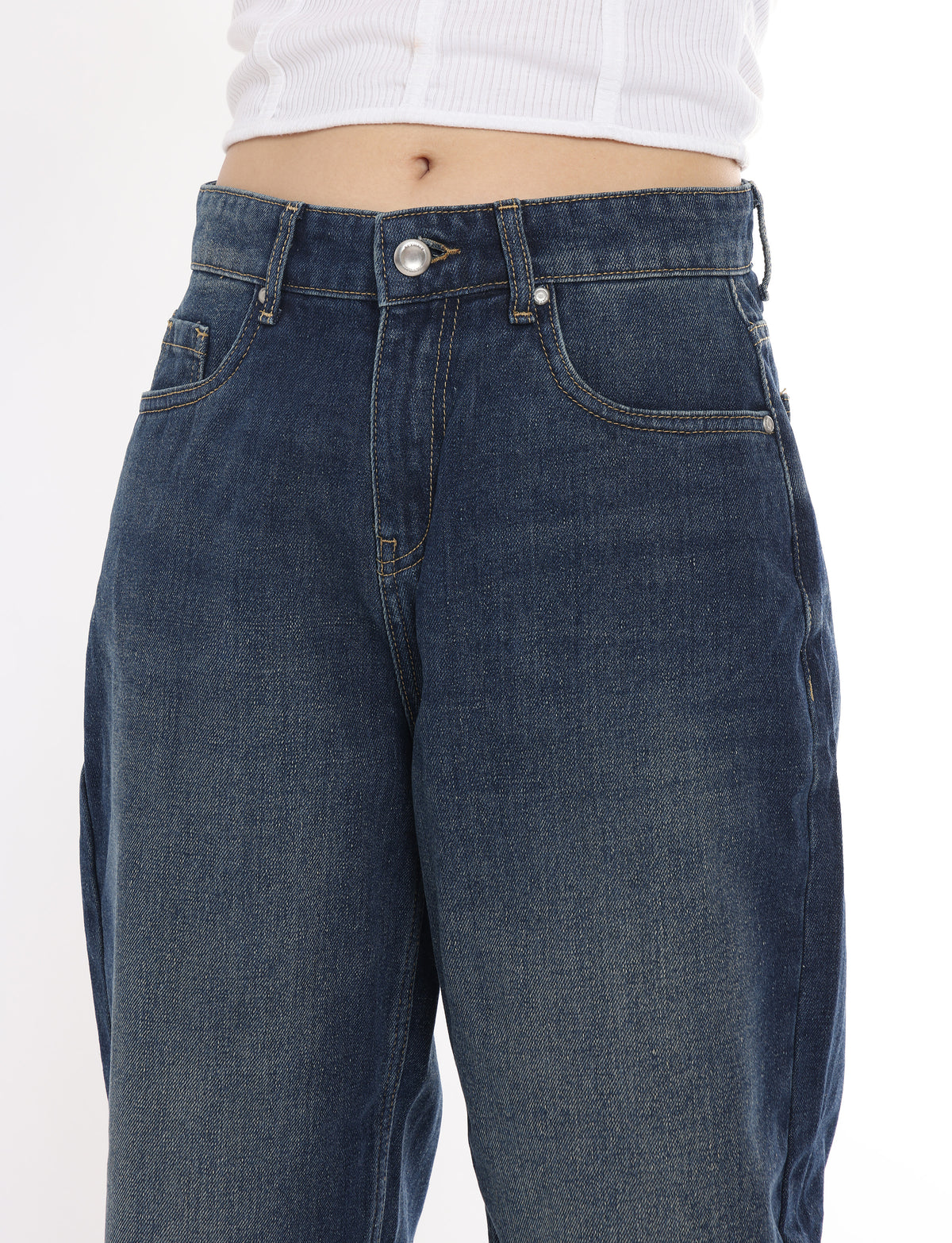 High Rise Barrel Jeans for Women in Dark Blue