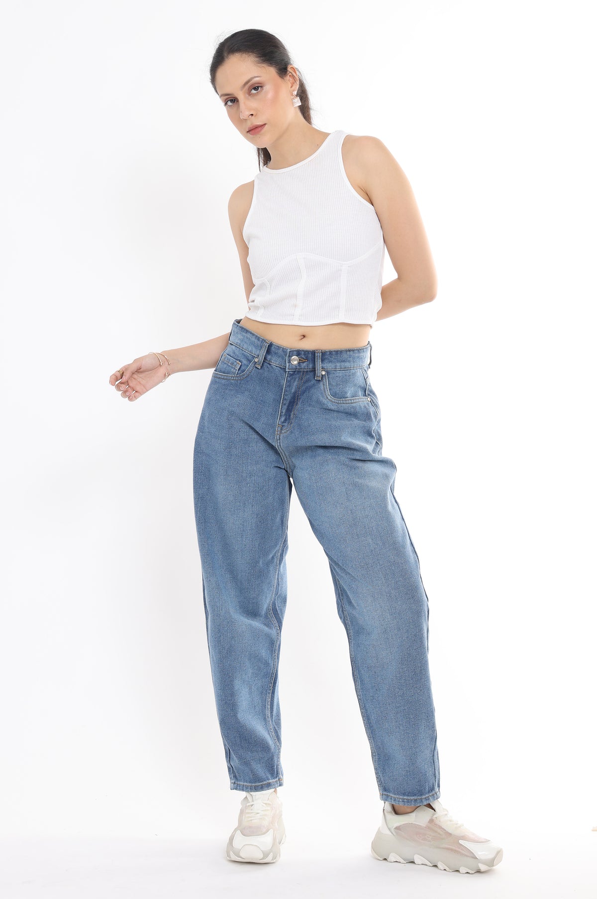 High Rise Barrel Jeans for Women in Light Blue