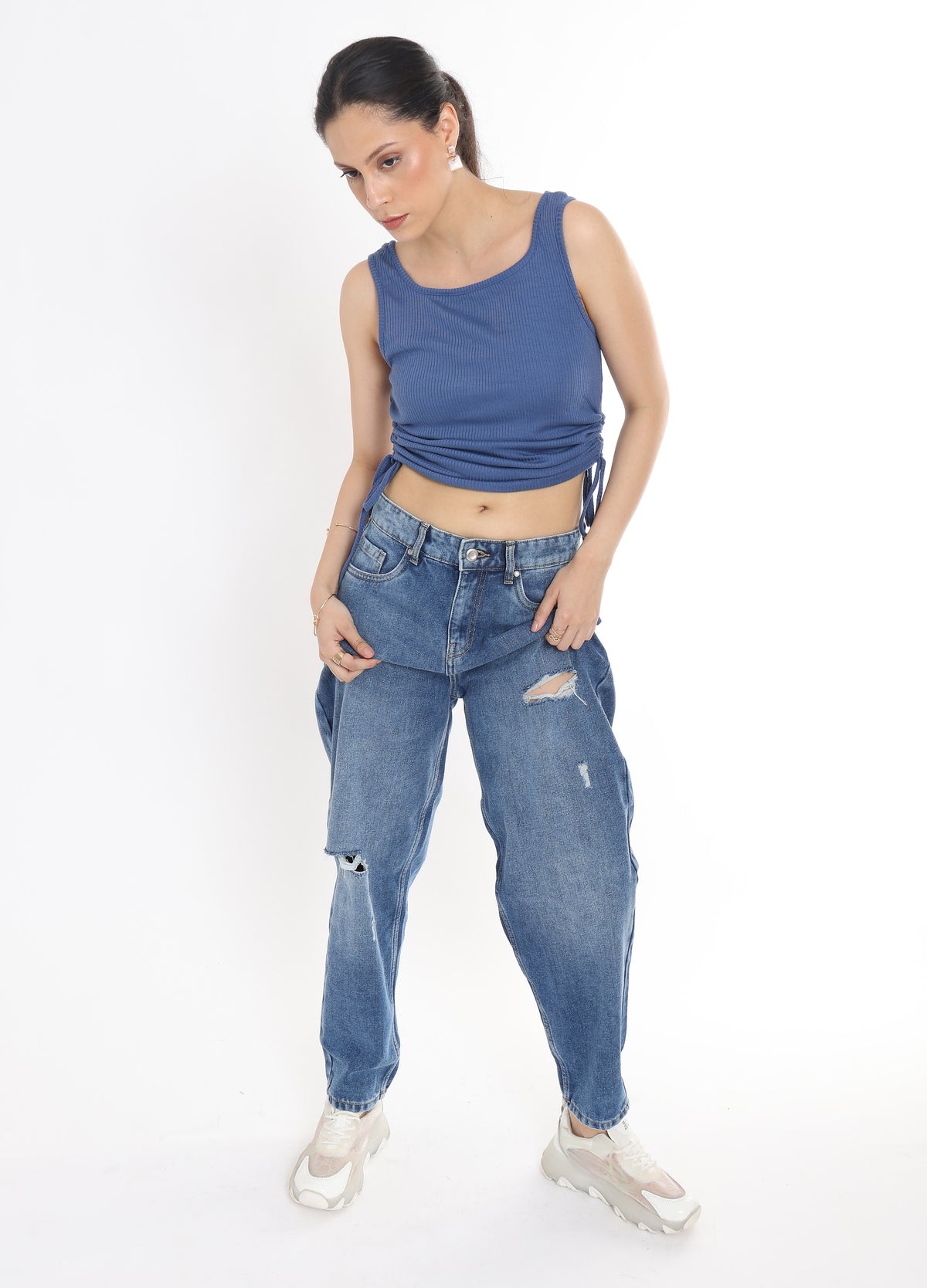 High Rise Barrel Jeans for Women in Medium Blue